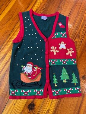 Laura Scott Green Knit Vest with Red Trim